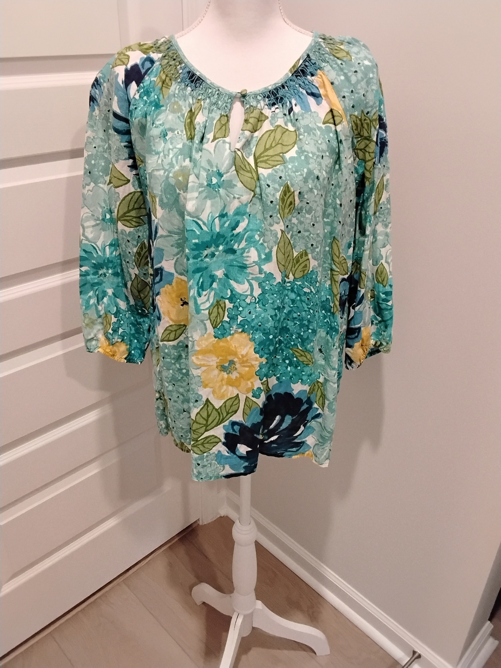 Charter Club Teal Floral Peasant Blouse